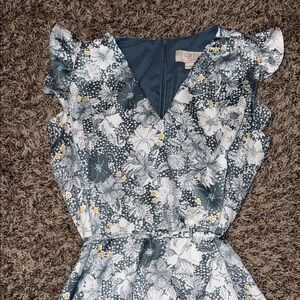LOFT Blue and White Floral Dress with Ruffle Sleeves